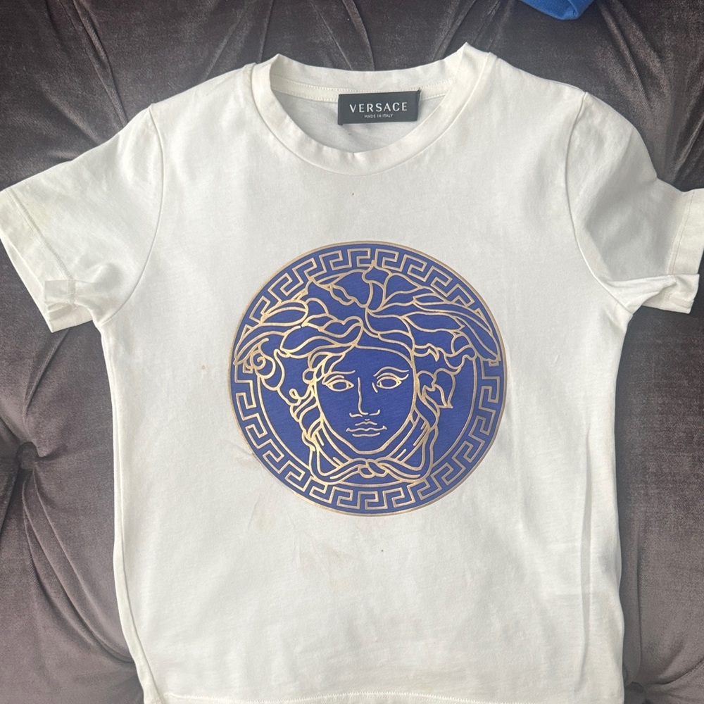 Versace Ivory Tee with Blue and Gold Medusa